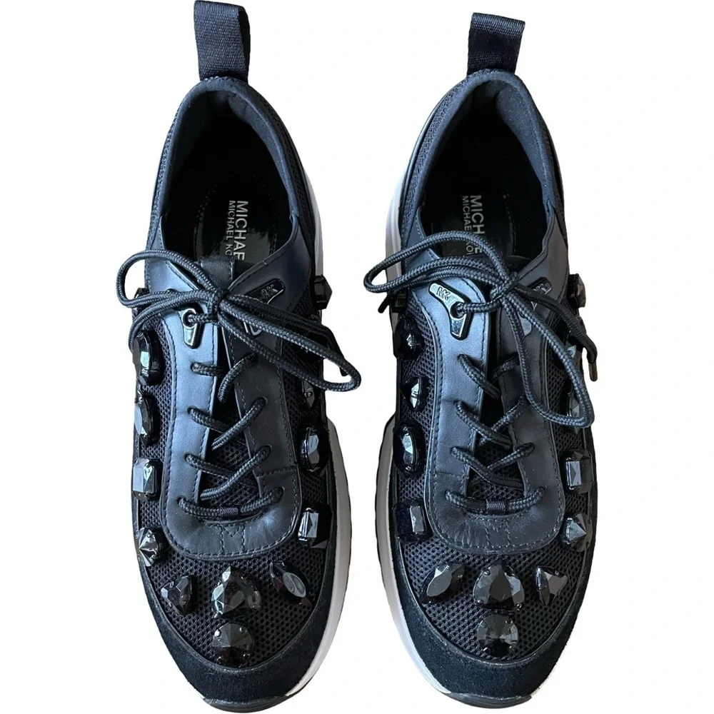 Michael Kors Chaplin Jewel Embellished Mesh and Leather Trainer